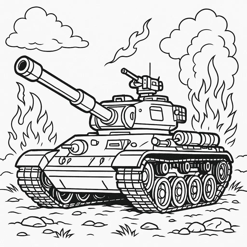 Klassischer Army Panzer im Gefecht – detailliertes Panzer Ausmalbild mit realistischer Kampfszene