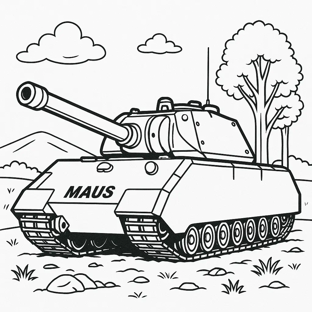 Panzer Maus Ausmalbild – schwerer deutscher Panzer mit Landschaft im Hintergrund