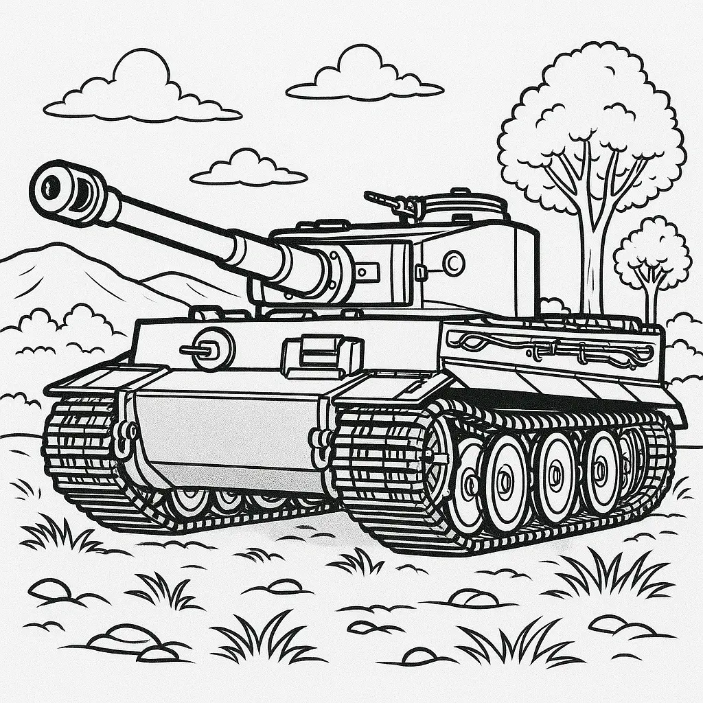 Tiger I Panzer Ausmalbild – detaillierter schwerer Panzer in Landschaft mit Bäumen und Bergen