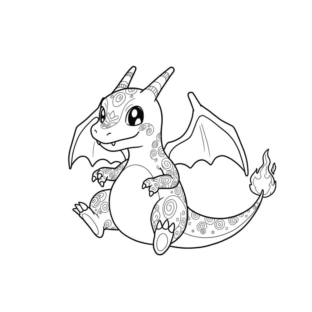 Baby Glurak Ausmalbild zeigt einen jungen Glurak in süßer Pose. Perfekte Malvorlage für kleine Pokémon-Fans.