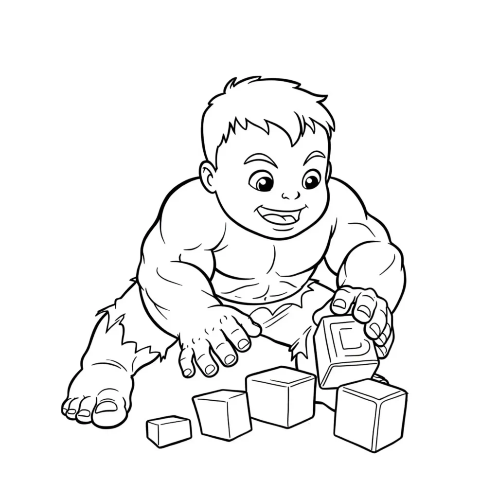 Baby Hulk krabbelt mit einem Teddybär in der Hand – niedliches Ausmalbild für kleine Marvel-Fans.