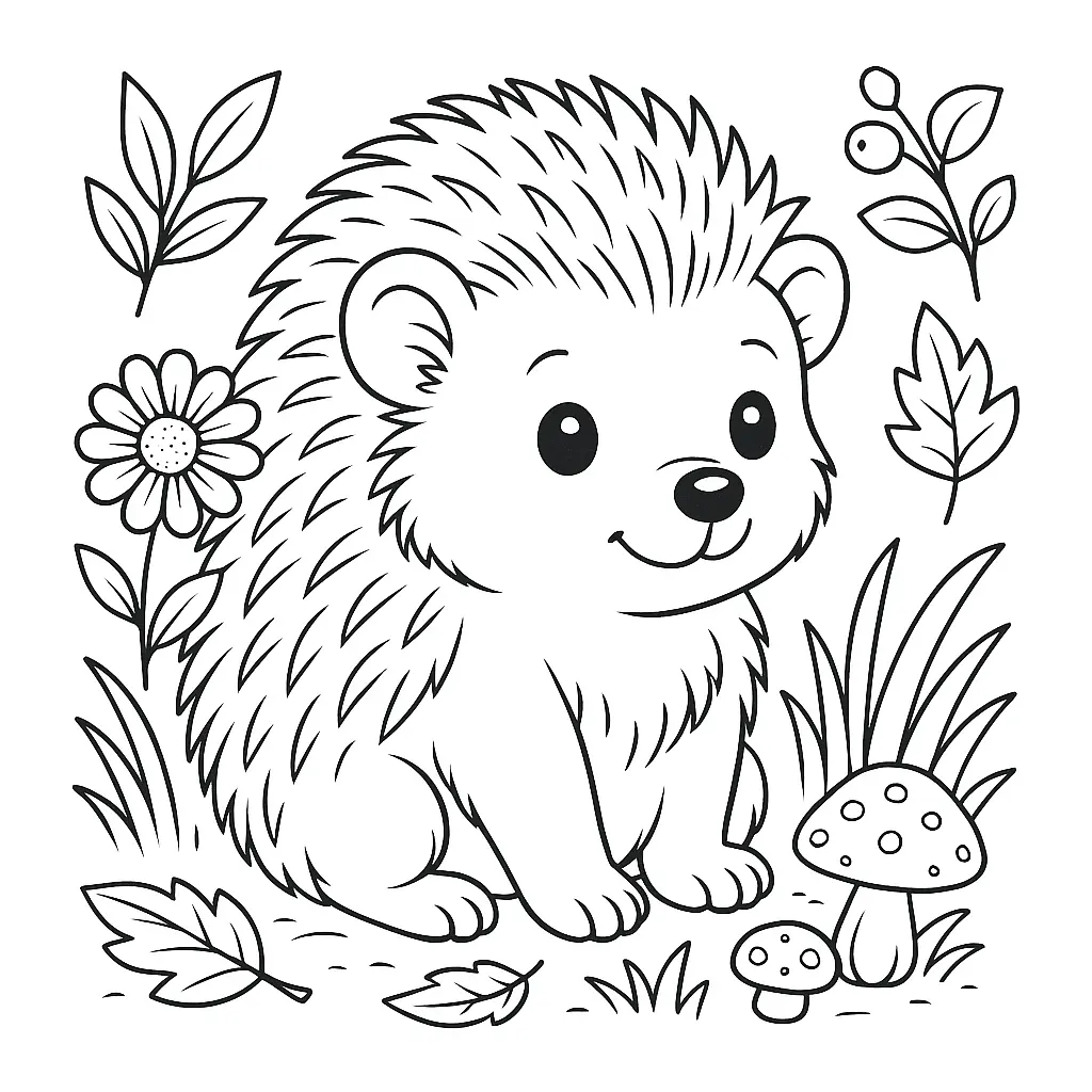 Süßes Baby Igel Ausmalbild mit Blumen, Blättern und Pilzen