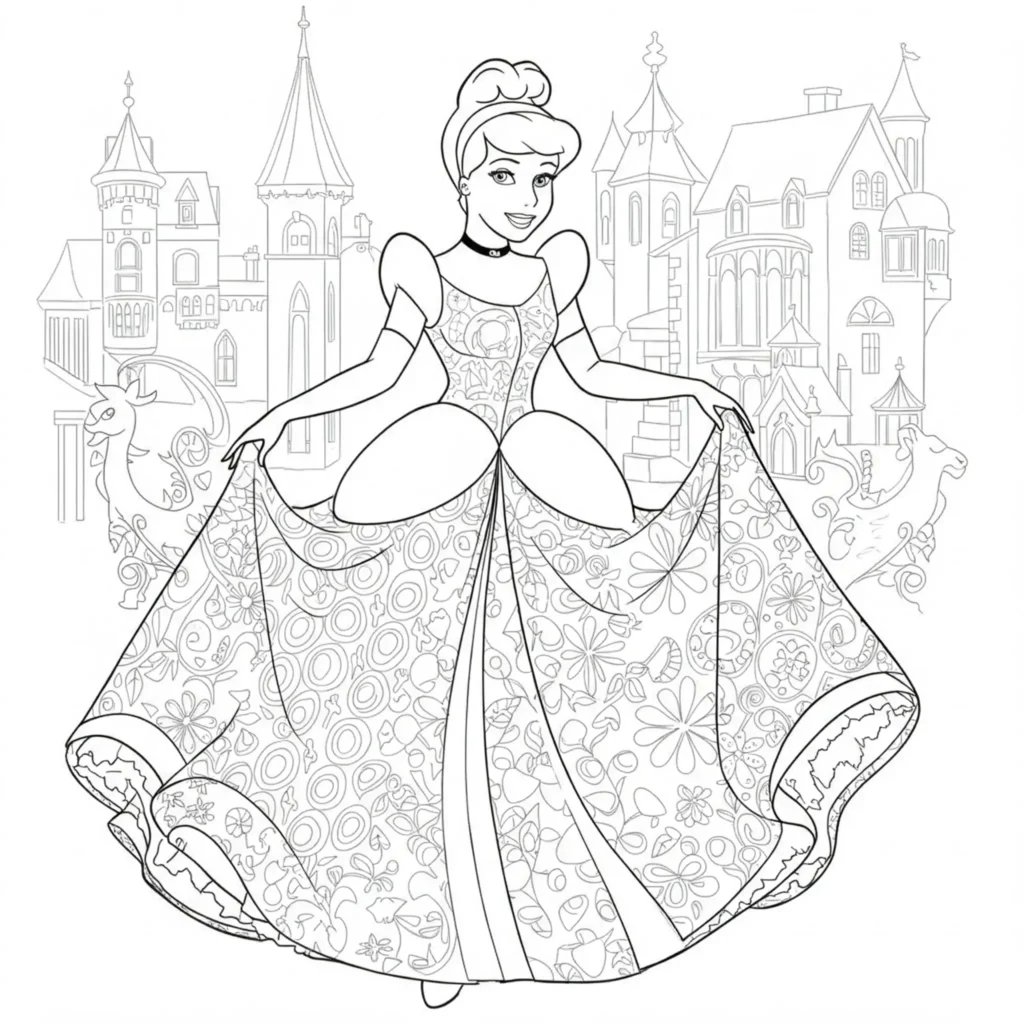 Ausmalbild von Prinzessin Cinderella vor ihrem Schloss