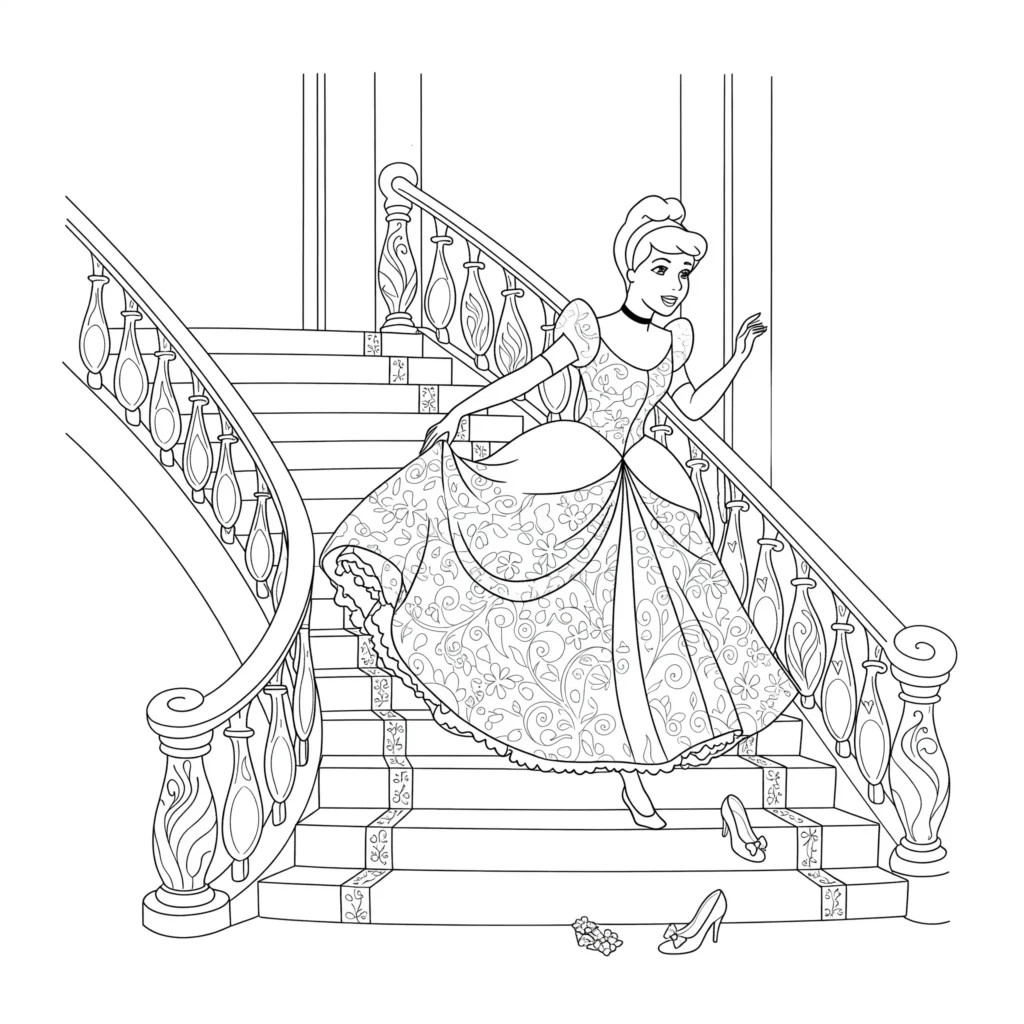 Ausmalbild von Cinderella, die die Treppe hinunterläuft und ihren gläsernen Schuh verliert