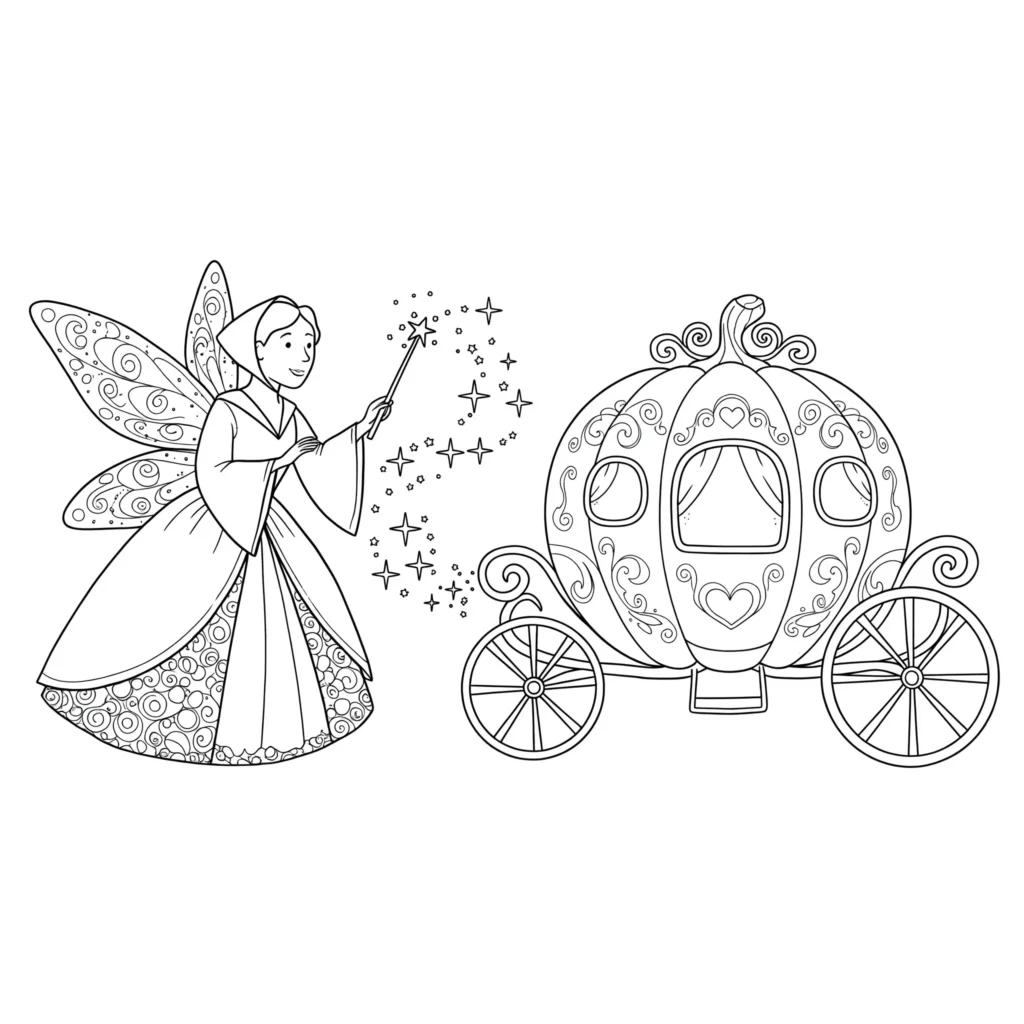 Ausmalbild der guten Fee von Cinderella mit funkelndem Zauberstab