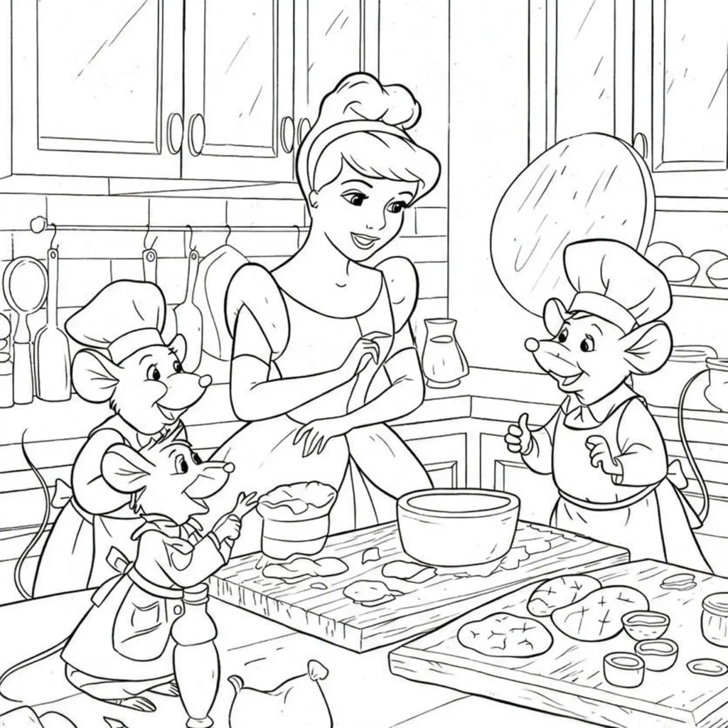 Cinderella und Mäuse beim Backen in der Küche