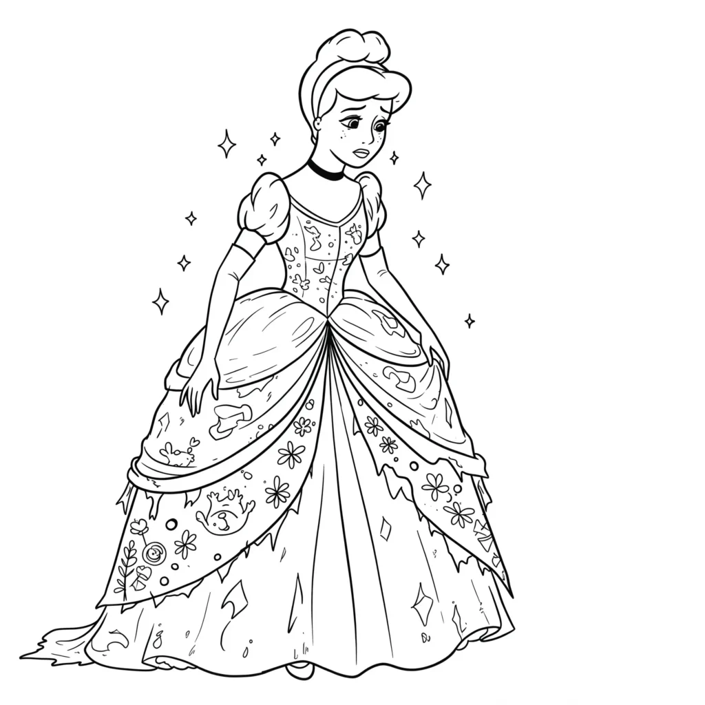 Ausmalbild von Cinderella in einem zerrissenen Kleid, traurig blickend