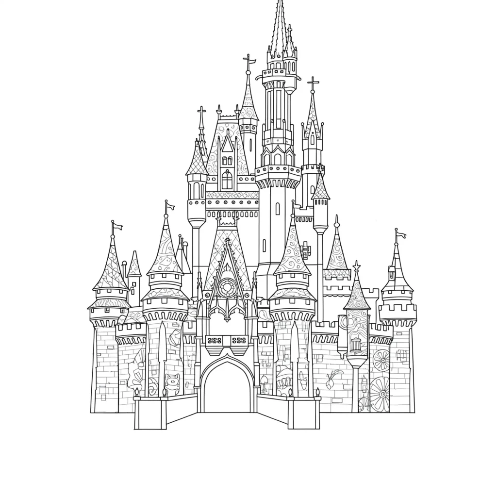 Ausmalbild von Cinderella vor ihrem Schloss
