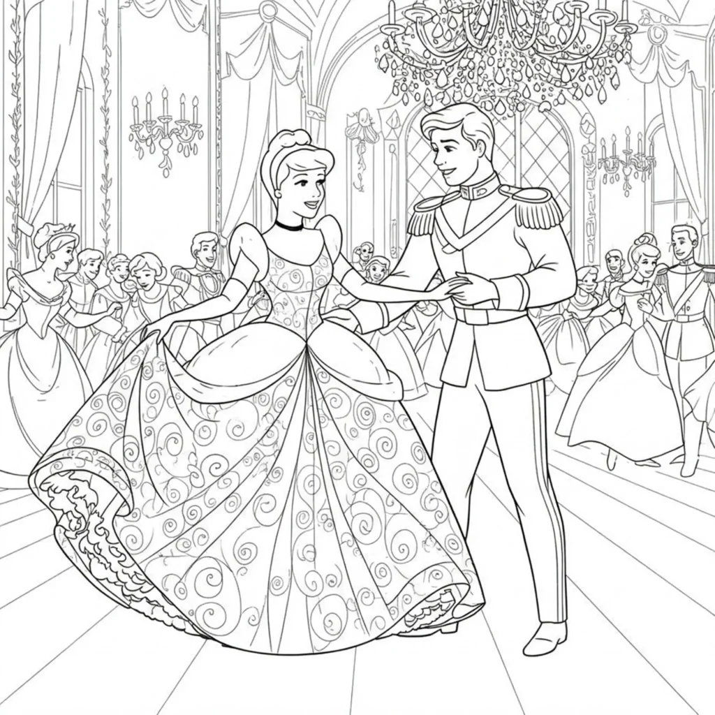 Ausmalbild von Cinderella und ihrem Prinzen beim eleganten Tanz