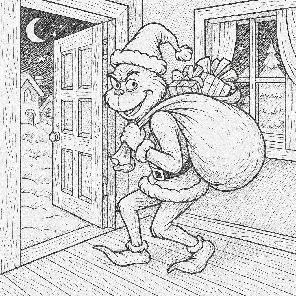 Ausmalbild des Grinch, der heimlich mit Geschenkesack in ein Haus schleicht