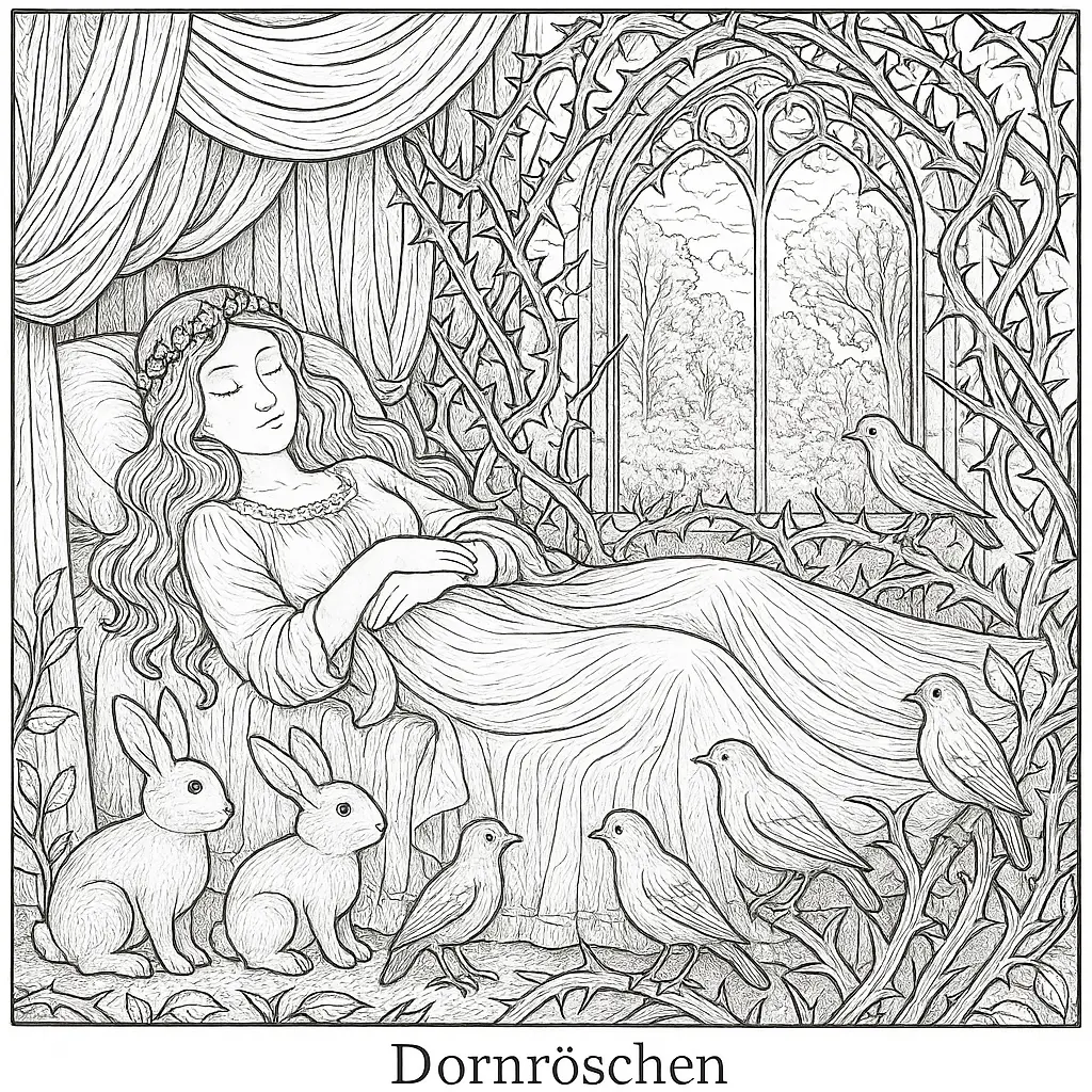  Dornröschen schläft auf einem verzierten Bett im Schloss, umgeben von Tieren und Dornenranken
