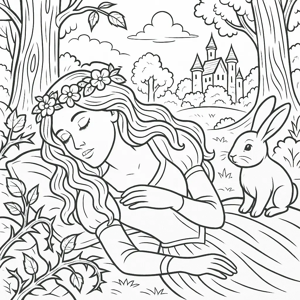 Dornröschen schläft auf einer Waldlichtung mit einem Hasen an ihrer Seite, im Hintergrund ein Schloss