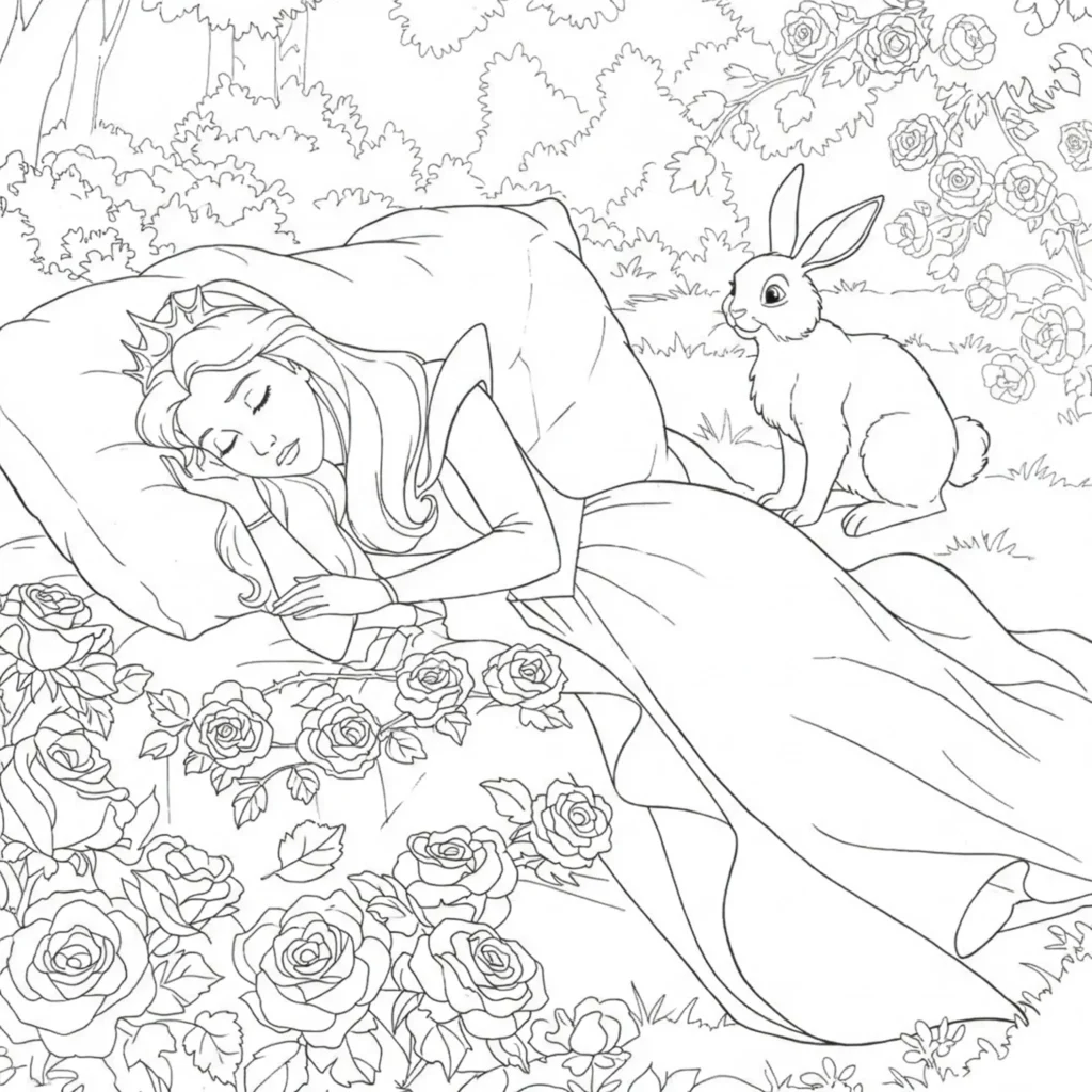 Dornröschen und Hase Malvorlage: schlafende Prinzessin in einem verwunschenen Wald, begleitet von einem sitzenden Hasen