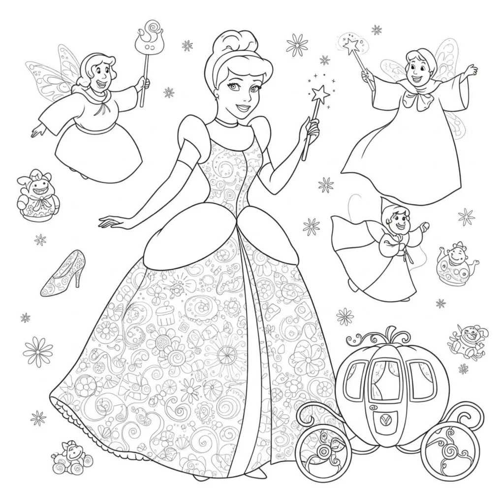 Ausmalbild von Fee und Cinderella in einer zauberhaften Szene