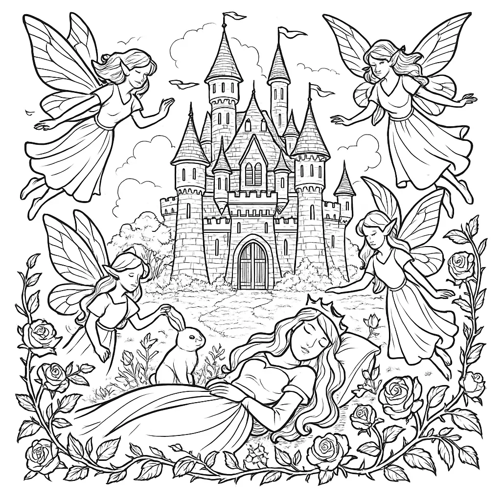  Dornröschen schläft vor einem Schloss, während Feen schützend um sie fliegen
