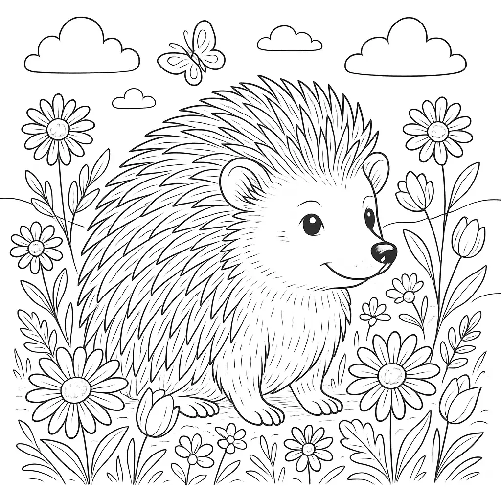 Igel in einer bunten Frühlingswiese mit vielen Blumen und flatterndem Schmetterling – ideal zum Ausmalen für Kinder.