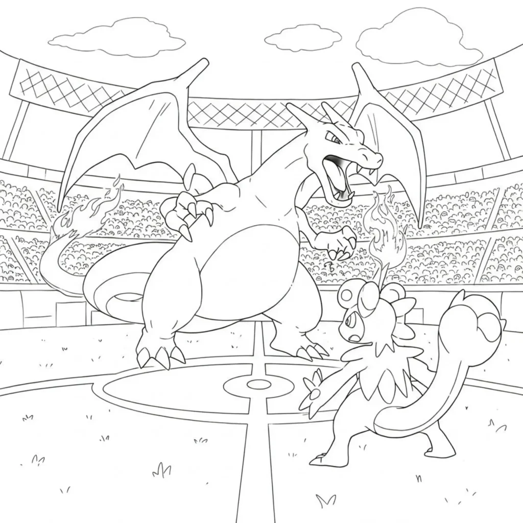 gigadynamax glurak ausmalbild mit Glurak im Stadionkampf gegen ein anderes Pokémon