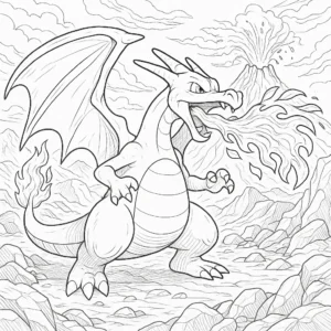 Charizard Ausmalbild (Glurak Malvorlage) mit Vulkanhintergrund