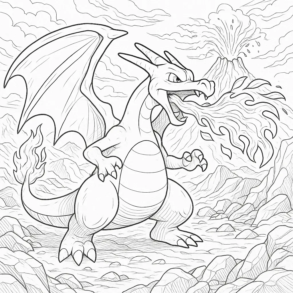 Charizard Ausmalbild (Glurak Malvorlage) mit Vulkanhintergrund