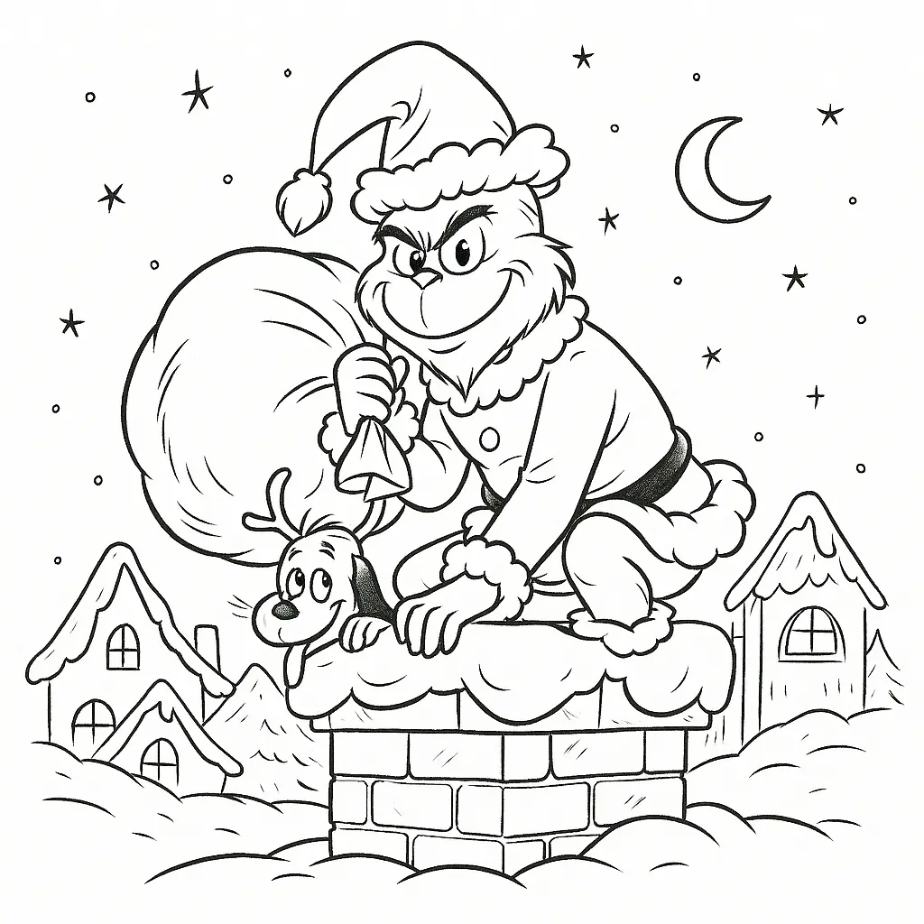 Ausmalbild des Grinch in Santa-Kostüm, wie er auf einem schneebedeckten Kamin in Whoville hockt und eine Geschenkesack hält
