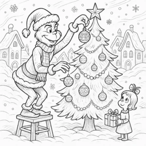 Grinch-Ausmalbild: Grinch schmückt Weihnachtsbaum in Whoville