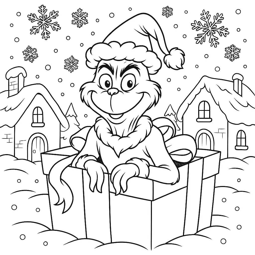 Ausmalbild des Grinch, wie er schelmisch aus einer riesigen Geschenkbox spitzt