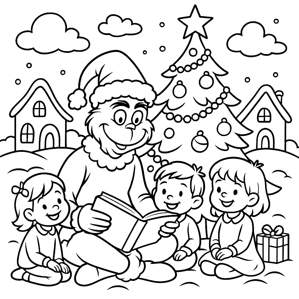 Grinch-Ausmalbild für Kinder mit dem Grinch, der in Whoville am Weihnachtsbaum eine Geschichte vorliest