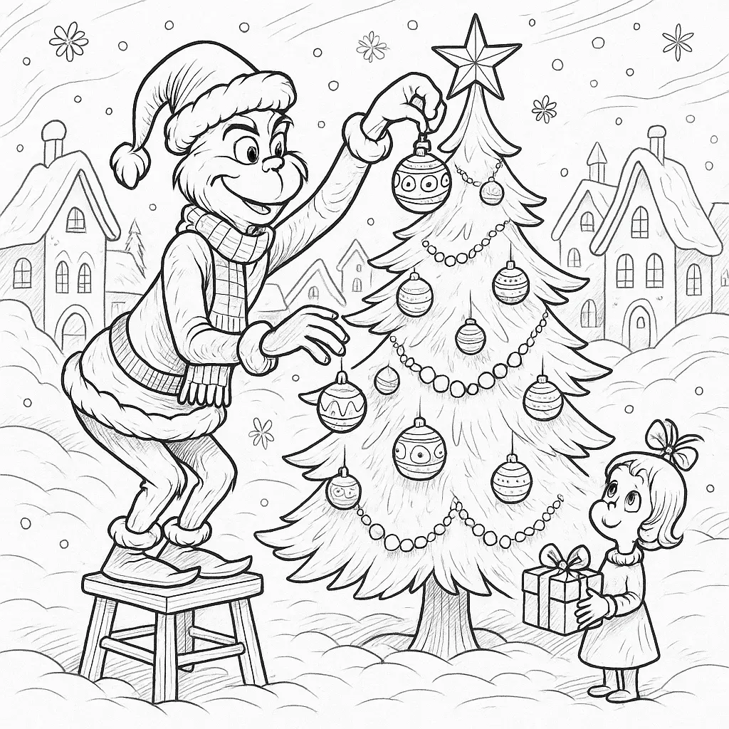 Grinch-Ausmalbild: Grinch schmückt Weihnachtsbaum in Whoville