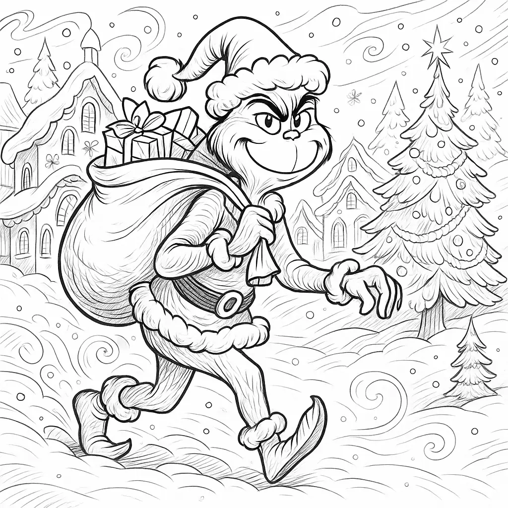  Grinch-Ausmalbild mit winterlichem Whoville-Hintergrund