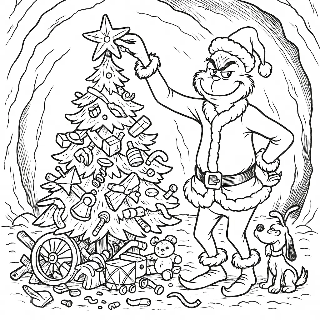 Grinch baut in seiner Höhle einen Weihnachtsbaum aus Schrott und altem Spielzeug