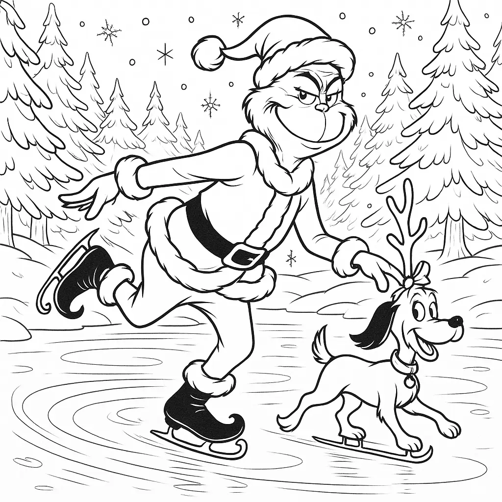 Grinch und Max als Rentier eislaufen auf einem zugefrorenen Teich im verschneiten Winterwald
