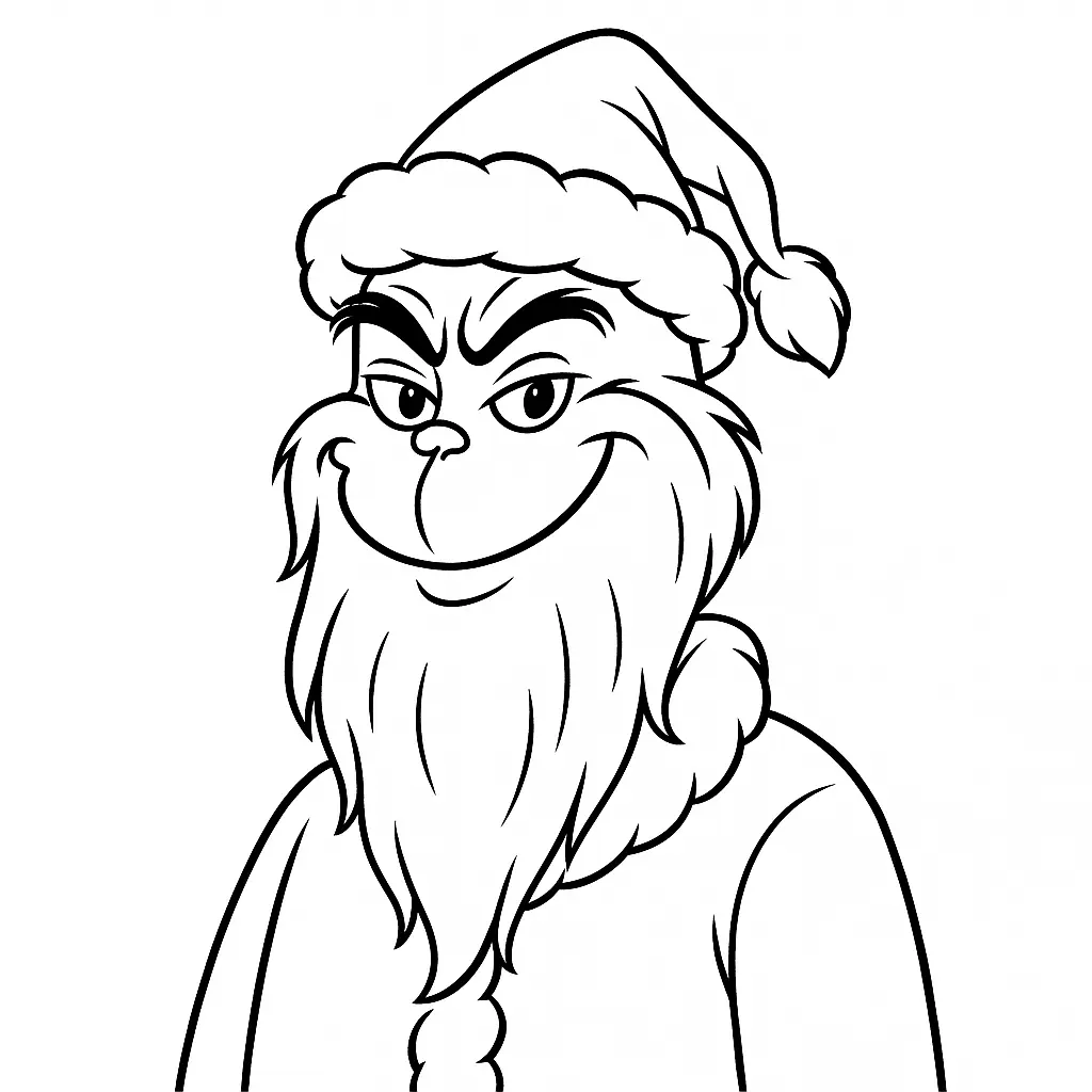 Ausmalbild des Grinch mit langem falschem Bart und schiefem Grinsen