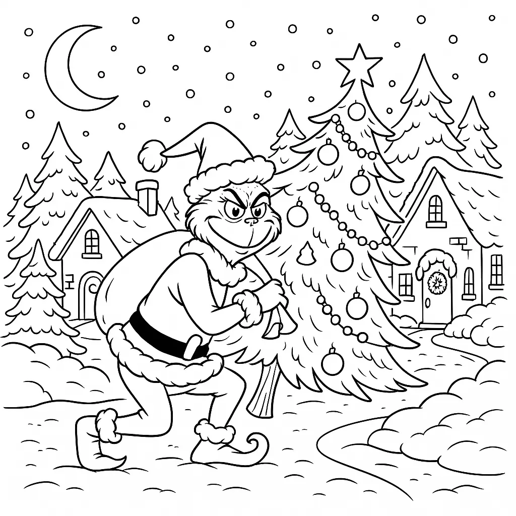 Grinch-Malvorlage: Grinch stiehlt geschmückten Weihnachtsbaum im Whoville-Hinterhof