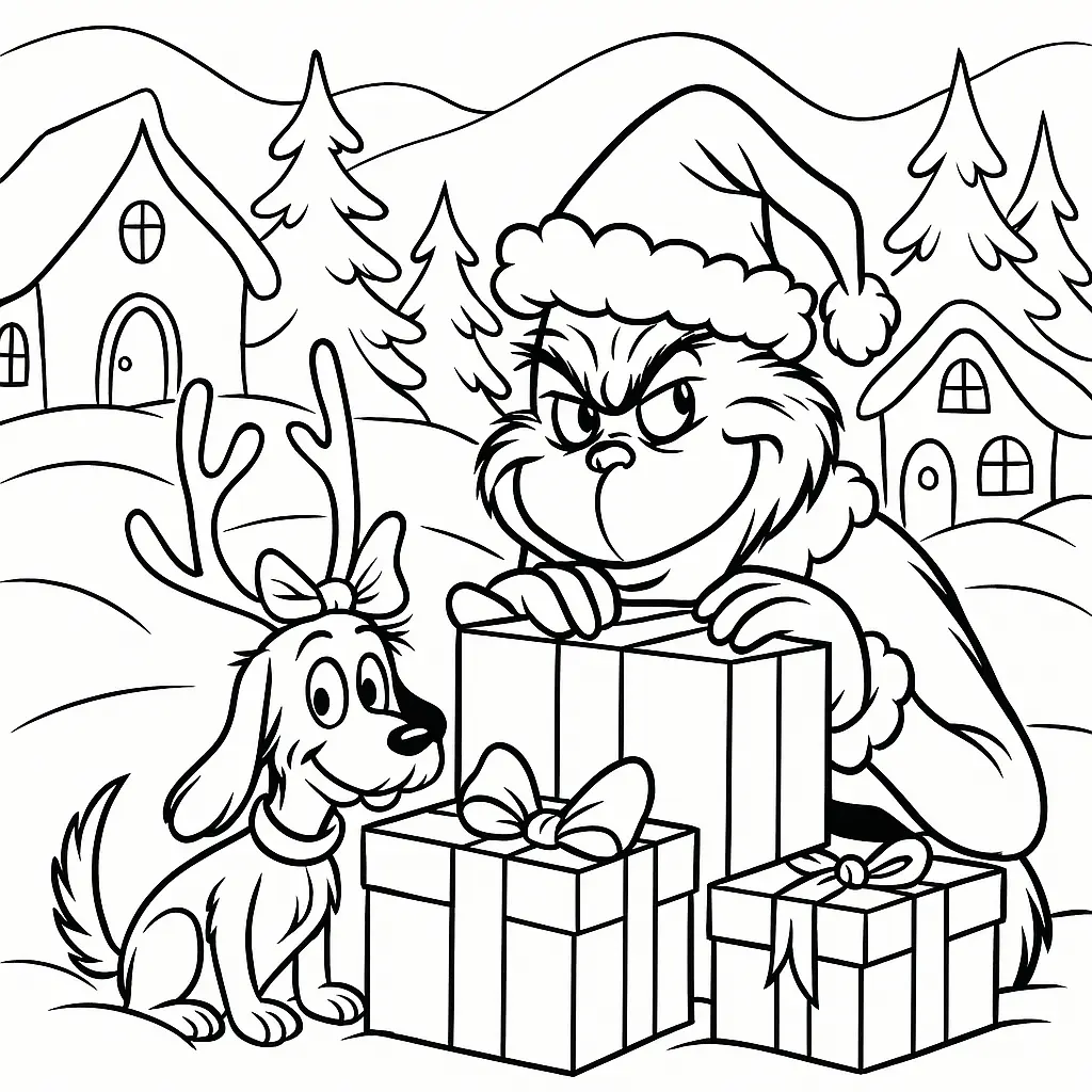 Grinch und Max verstecken sich hinter einem Stapel Weihnachtsgeschenke in Whoville