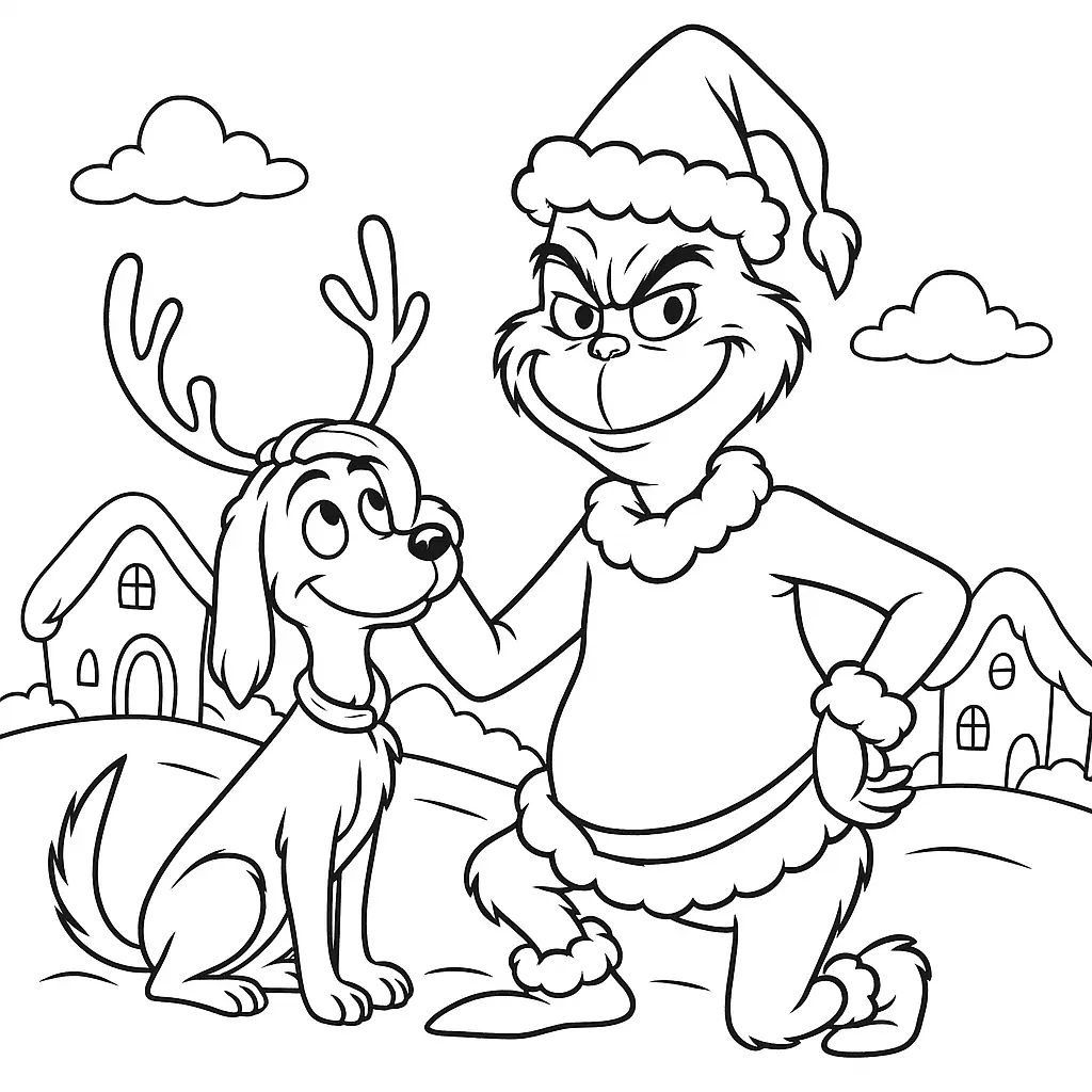 Grinch und sein Hund Max als Rentier verkleidet vor verschneiter Whoville-Kulisse