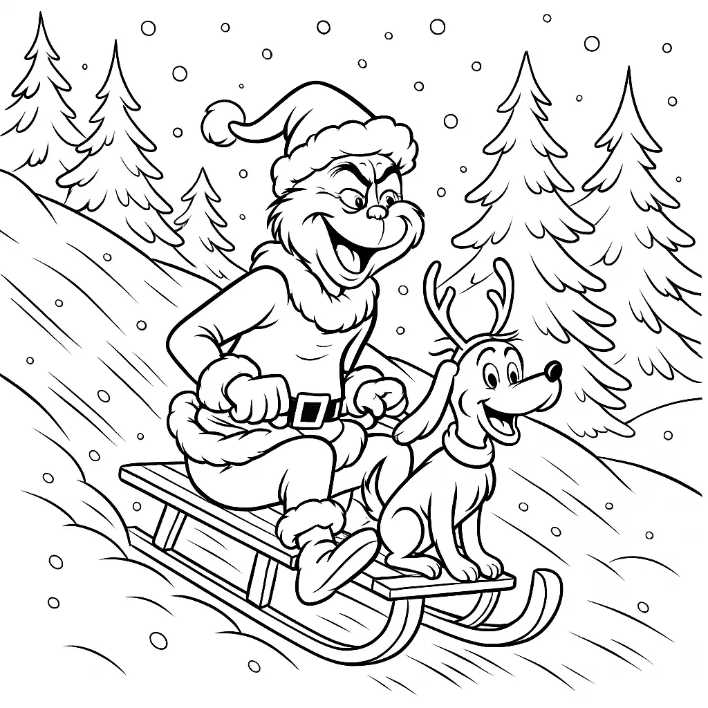 Der Grinch und Max rodeln fröhlich einen verschneiten Hügel hinunter