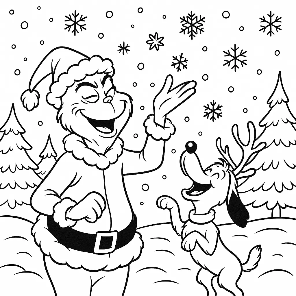 Der Grinch und Max fangen fröhlich Schneeflocken im verschneiten Winterwald