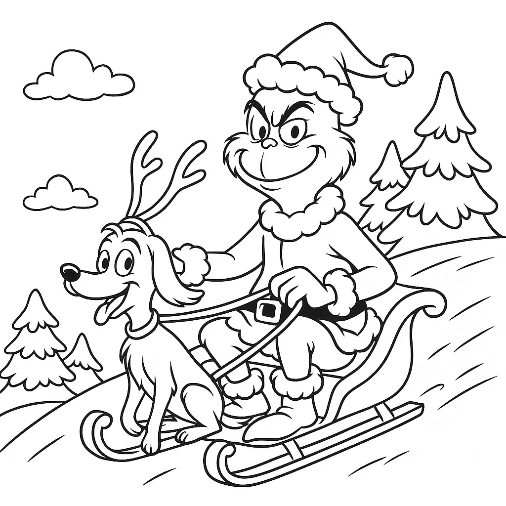 Grinch fährt im Schlitten mit Max als Rentier durch verschneite Landschaft – Ausmalbild für Kinder