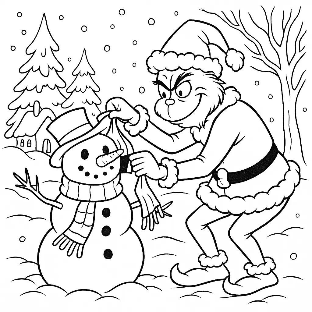 Ausmalbild mit dem Grinch, der einem Schneemann die Dekoration abnimmt