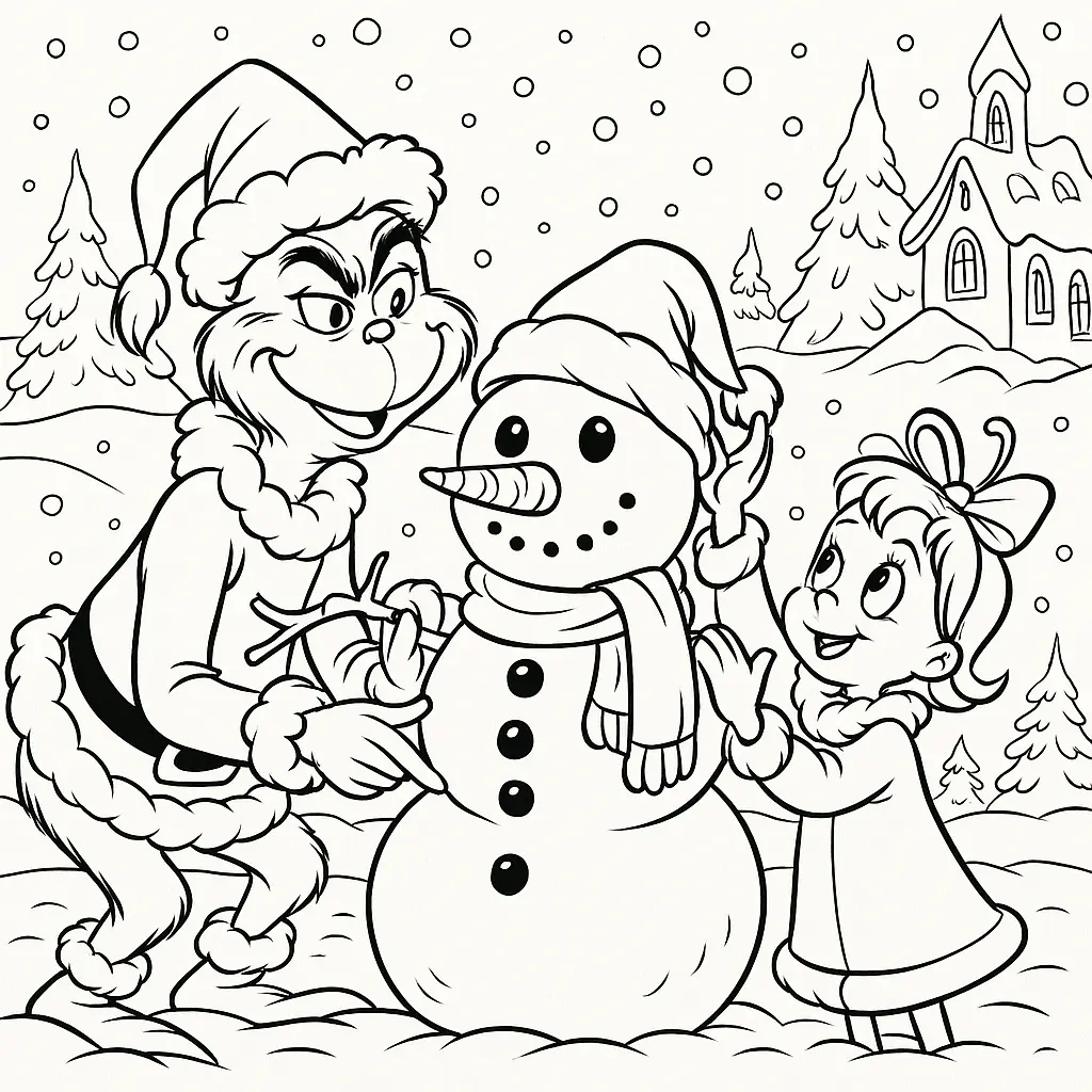 Der Grinch baut zusammen mit Cindy Lou Who einen Schneemann in Whoville