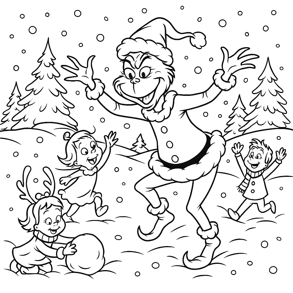 Grinch spielt fröhlich im Schnee mit Kindern aus Whoville