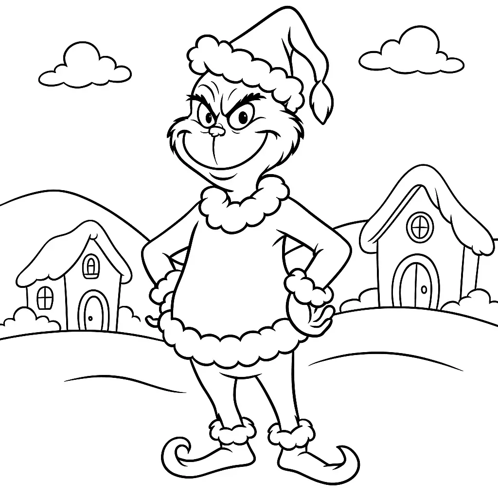Ausmalbild des Grinch im Weihnachtsmannkostüm vor verschneitem Whoville-Hintergrund