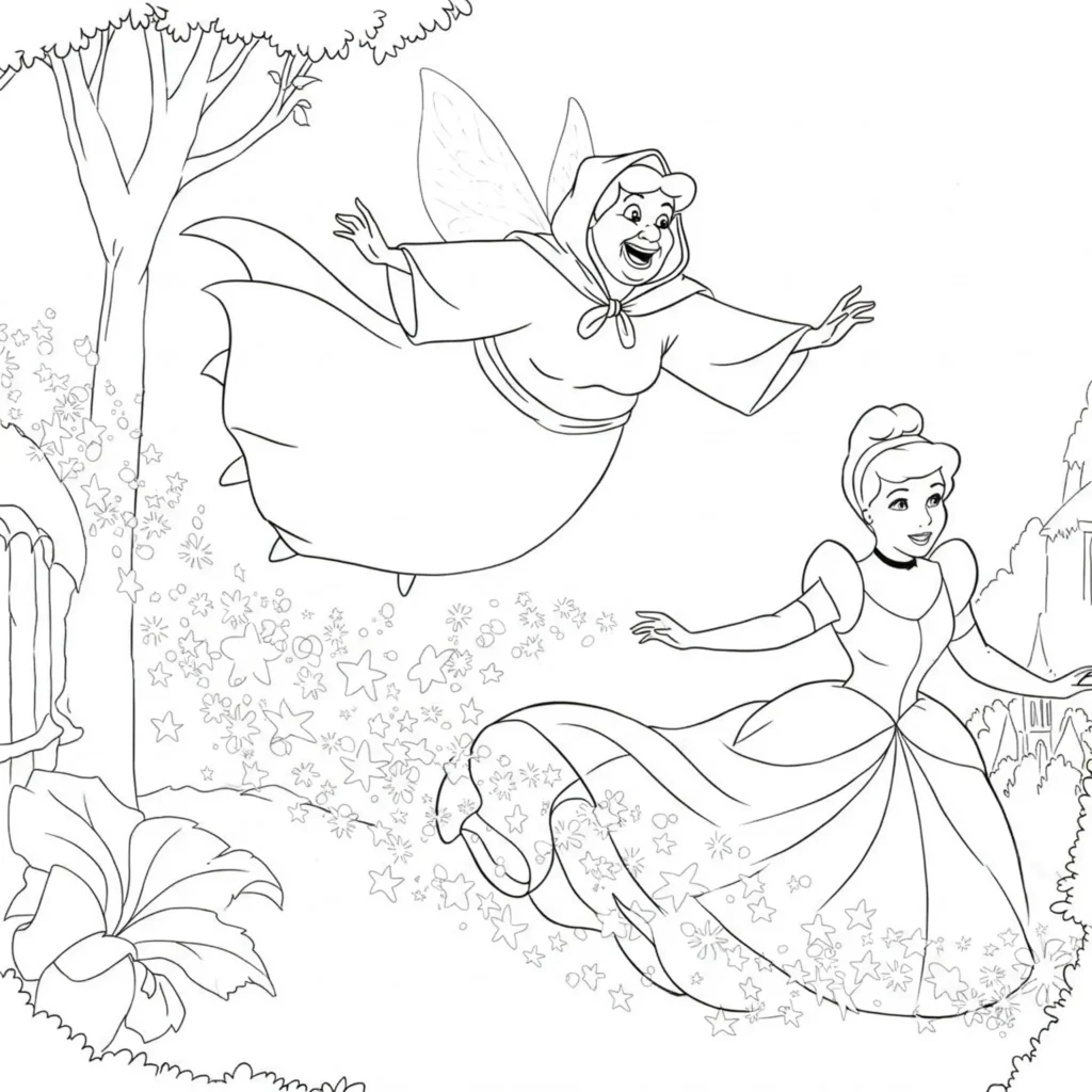 Ausmalbild gute Fee mit Cinderella. 