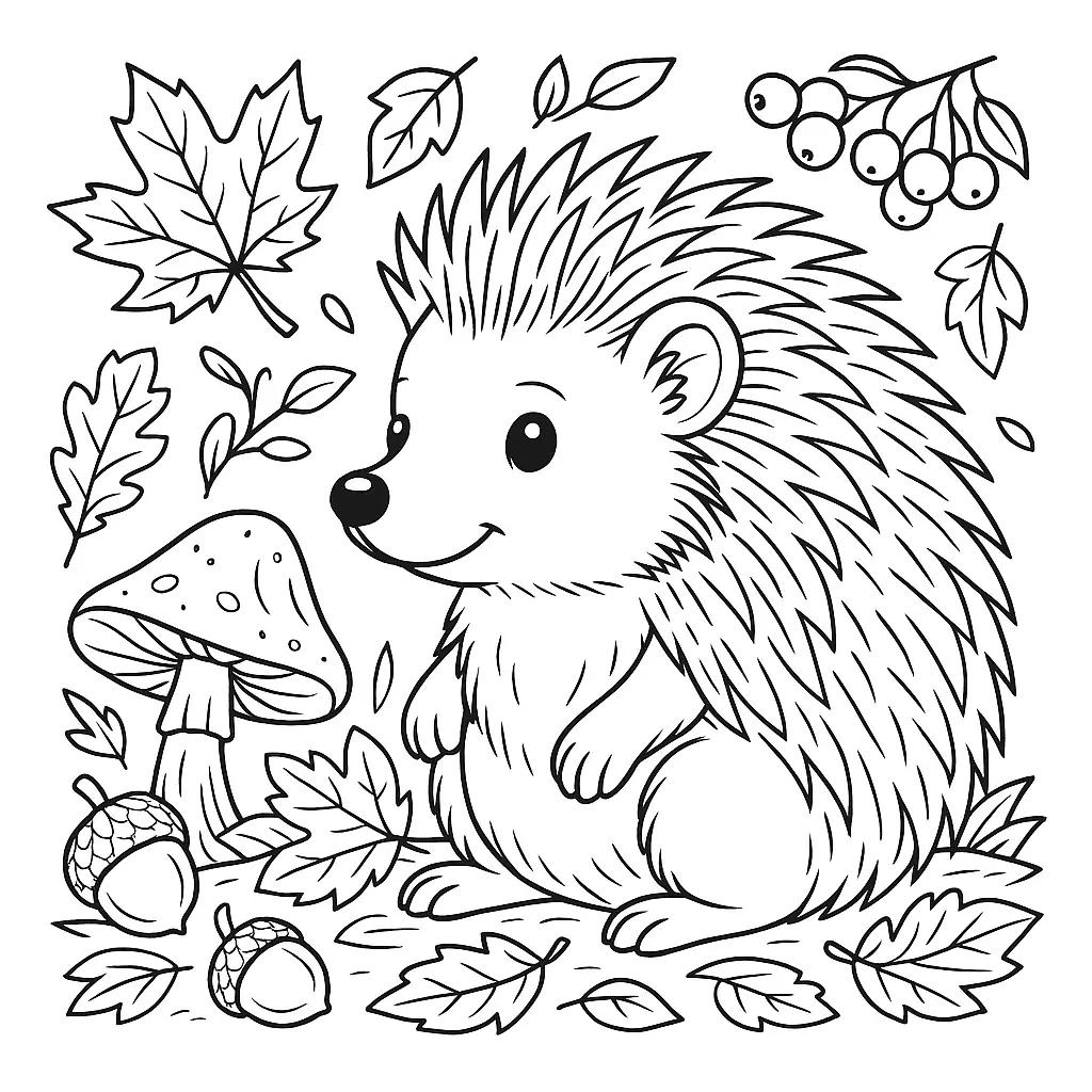 Herbstliches Igel Ausmalbild mit Blättern, Pilzen und Eicheln – kostenloses PDF