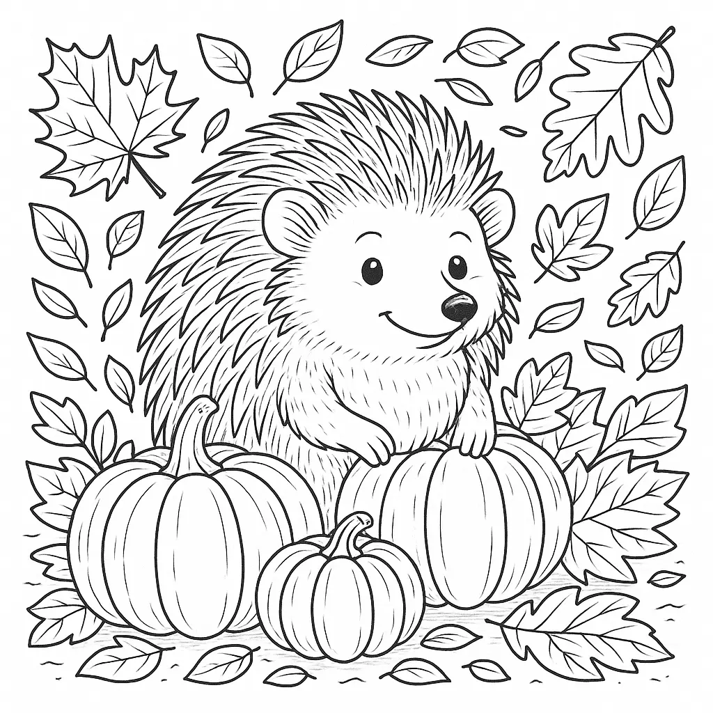 Igel inmitten von Kürbissen und Herbstblättern – ideal zum Ausmalen für Kinder in der goldenen Jahreszeit.