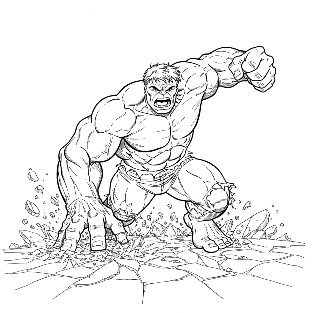 Hulk schlägt mit beiden Fäusten auf den Boden, Risse und Trümmer fliegen um ihn herum – starkes Superhelden-Motiv zum Ausmalen.