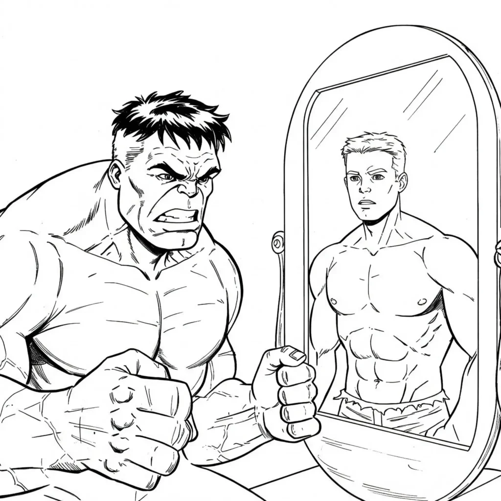 Hulk blickt in den Spiegel und sieht Bruce Banner – symbolisches Marvel-Motiv als Ausmalbild.