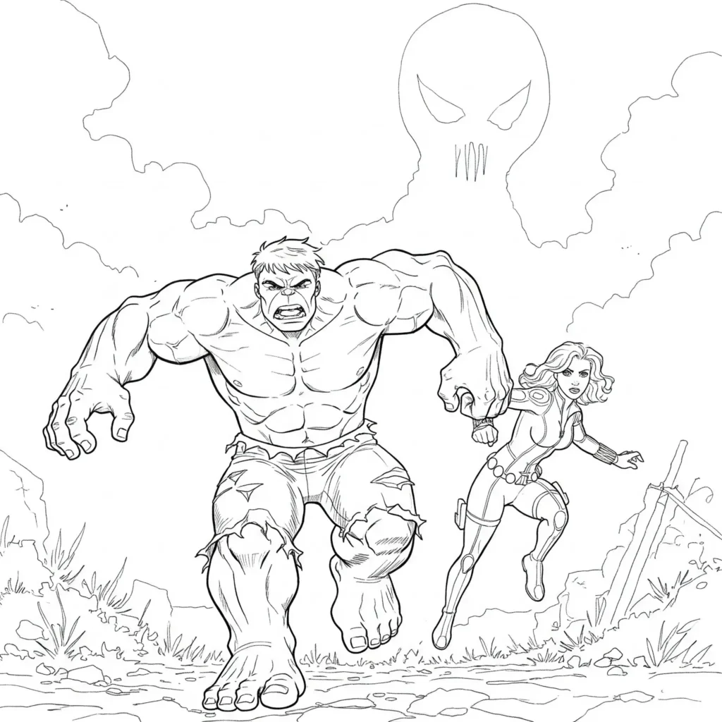 Hulk und Black Widow rennen mutig in Richtung Gefahr – dynamisches Ausmalbild für Marvel-Fans.