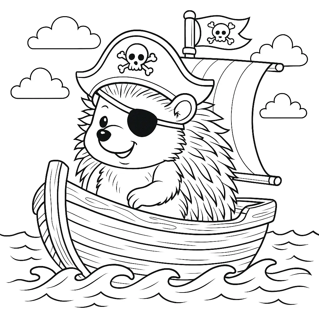 Igel mit Piratenhut auf kleinem Schiff mit Segel und Flagge – Ausmalbild