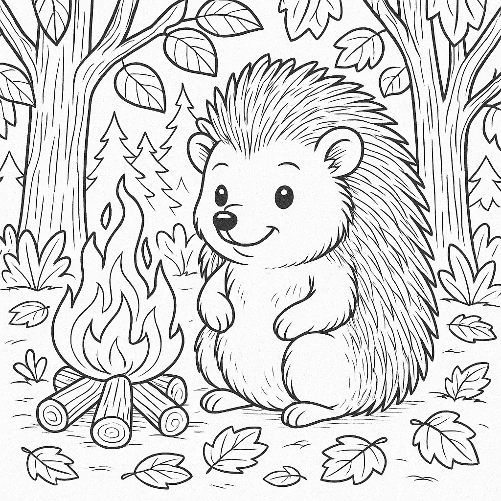 Igel sitzt gemütlich im Wald neben einem kleinen Lagerfeuer, umgeben von Bäumen und Blättern. Ideal zum Ausmalen.